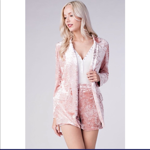 Crushed Pink Velvet Blazer Short Set 